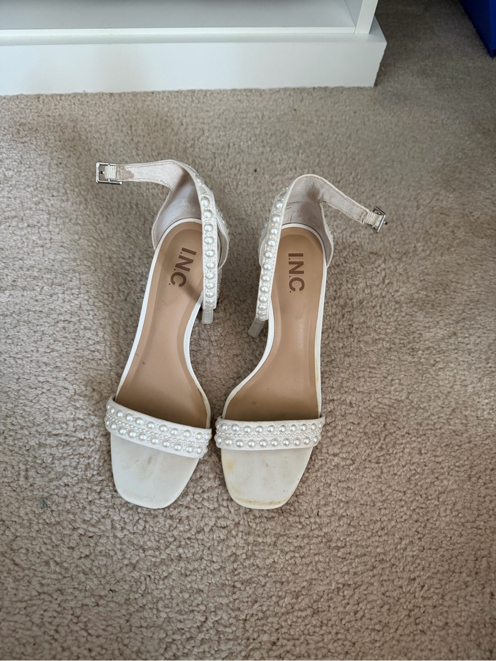 INC International Concepts Pearl-Trim White Ankle-Strap Heels